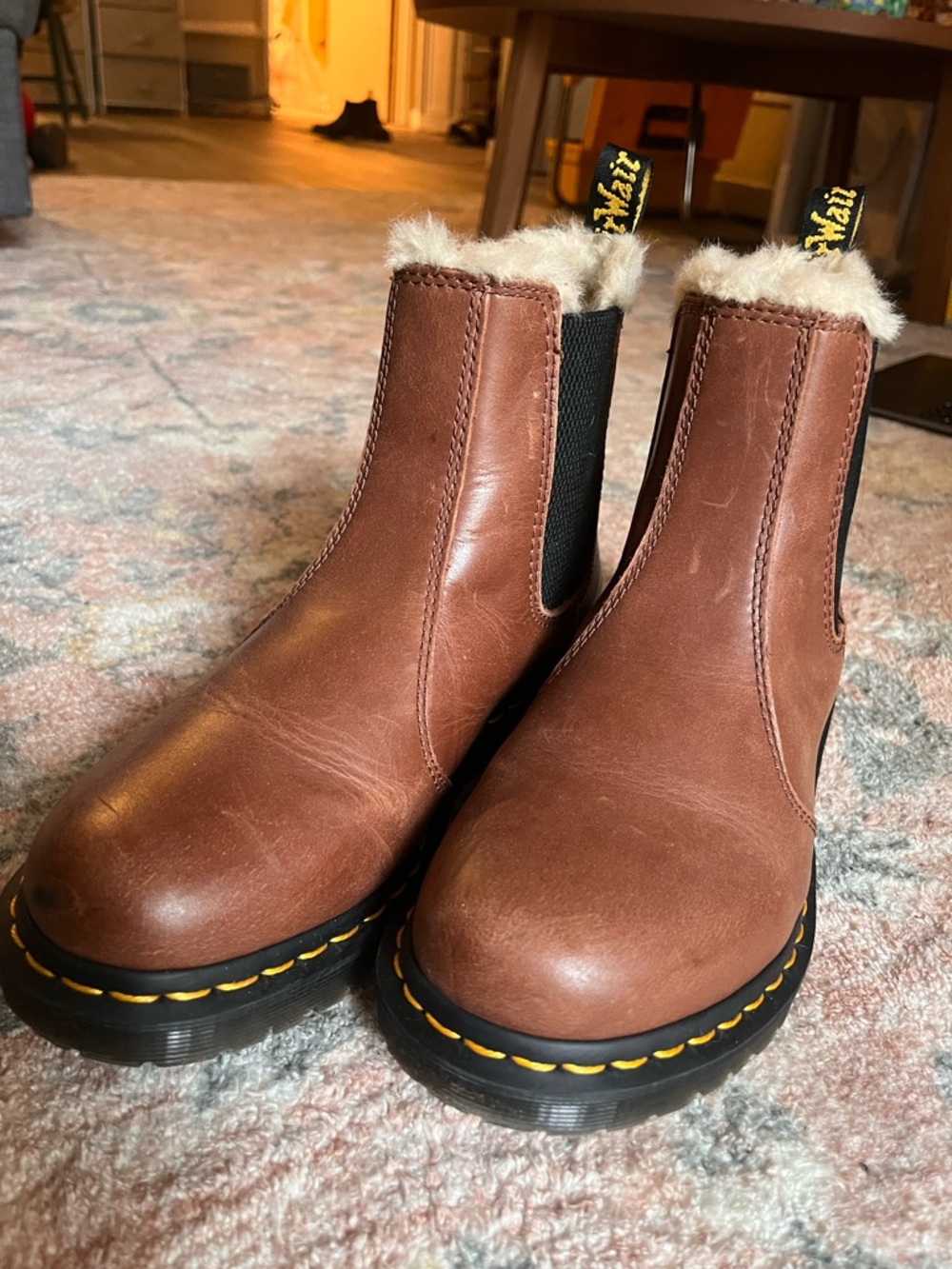 Dr. Martens Brown Leather Chelsea Boots with Shearling Collar